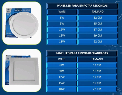 Lámpara Panel Led 6w 9w 12w 15w 18w  Redonda Y Cuadrada 