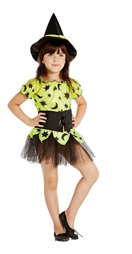 Disfraz De Bruja Fluo Infantil Niña Con Sombrero Halloween