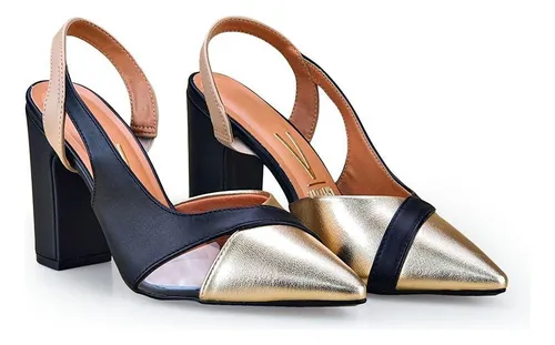 Sapato Vizzano Slingback Salto Bloco 1285.443 Dourado /preto Sapato Vizzano Slingback Salto Bloco 1285.443 Dourado /preto