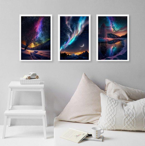 Juego de 3 marcos decorativos Aurora Boreal, 45 x 34 cm, con cristal