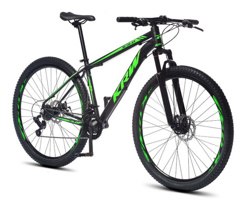 Bicicleta aro 29 KRW S60  Mountain Bike 24 velocidads câmbios Shimano Freio a Disco Suspensão dianteira Preto e Verde Fosco Tamanho quadro 21