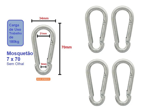 Kit 5 Mosquetão 7x70 Sem Olhal Para Academia Estação Engate