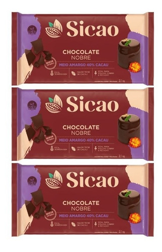 Kit C/3 Chocolate Sicao Nobre Meio Amargo 40% Barra 2,1kg 