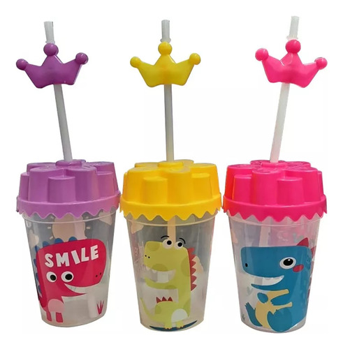 Set X3 Vaso De Plástico Diseño Infantil Con Tapa Y Bombilla 