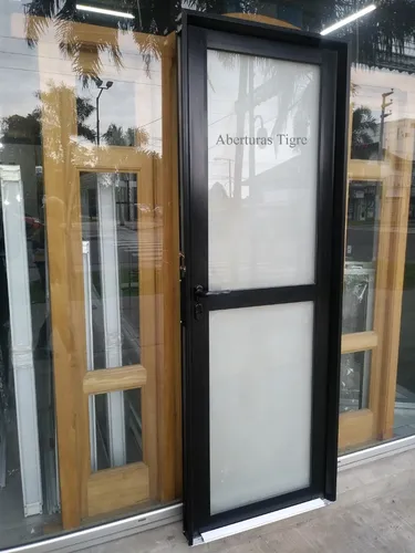 comprar Puertas Aluminio Negro 80x200 Vidrio Entero Con Travesaño