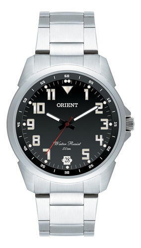 Reloj de pulsera Orient MBSS1154A de cuerpo color plata, analógico, para hombre, fondo negro, con correa de acero inoxidable color plata, agujas color negro, blanco y rojo, dial blanco, minutero/segundero blanco, bisel color plata y desplegable