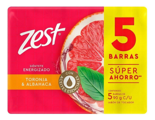 Jabón De Tocador Zest Toronja Y Albahaca 5 Barras 90 G C/u