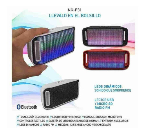 Imagen 2 de 7 de Parlante Portatil Noganet Ng-p31 Bluetooth 3w Led Fm Llamada