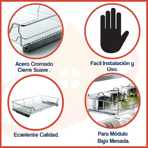 Canasto Interno 400 Mm Acero Cromado Cocina Guia Oculta