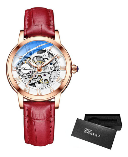 Reloj Mecánico De Cuero Luminoso Chenxi Para Mujer Color De La Correa Rojo