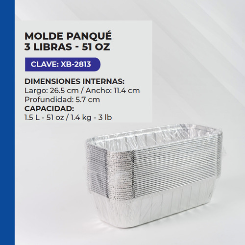 Molde De Aluminio Para Panqué 3 Lb Resistente 26.5x11cm 50pz Plateado