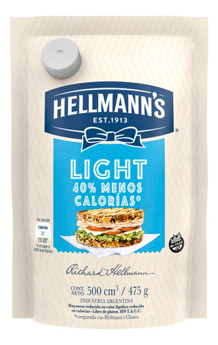 Mayonesa Hellmann's Light sin TACC en doypack 475 g