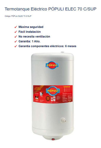 Imagen 2 de 6 de Termotanque Electrico Ecotermo Populi 70 Litros Superior Aho
