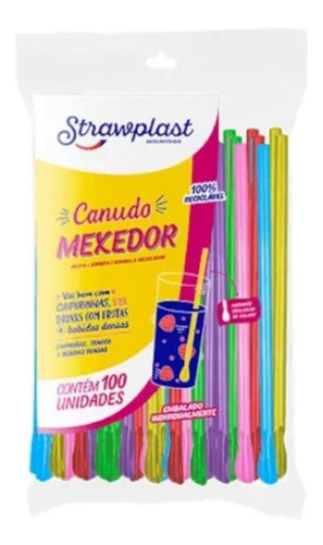 Canudo Colher Mexedor Colorido Strawplast 100 Unidades