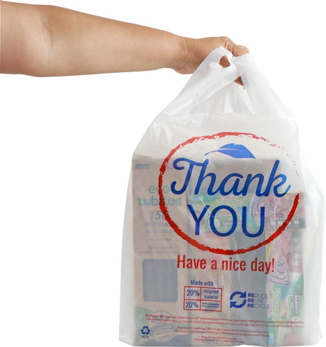 Polpusa Bolsa Tipo Camiseta Reciclada Ad. Cal 50 (impresa Thank You) Blanco 12 +7 X 23 (caja Con 5 Paq De 100 Bolsas)