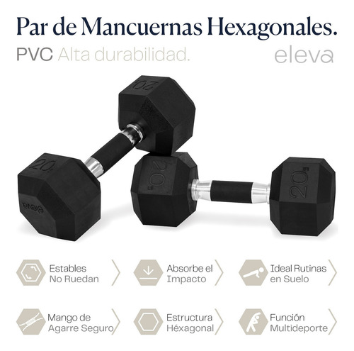Eleva Mancuernas Hexagonales De Pvc Premium Set 2pzs 20lbs Color Cromado Con Hule