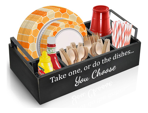 Kitchen Paper Plate Organizer, Wood Utensil Holder For Party