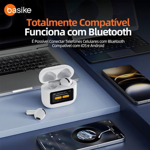 Fone De Ouvido Bluetooth Sem Fio Tws In-ear Tela Touch Lcd Cor Branco Basike