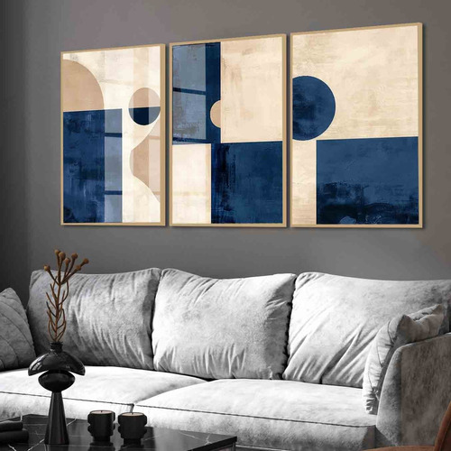 Kit 3 Quadros Decorativos Abstrato Azul Bege Moldura Vidro