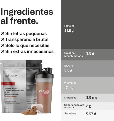 Imagen 2 de 5 de Suplemento Polvo Wellmade Proteina Vegana Creatina 1.3 Kg Sabor Chocolate Cocoa