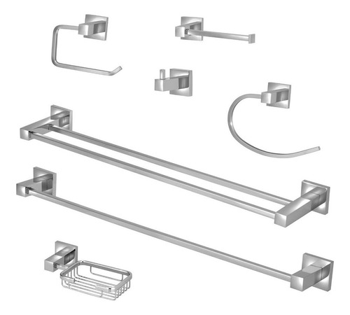 Kit Acessórios Quadrado Banheiro 100% Metal Cromado 7 Peças