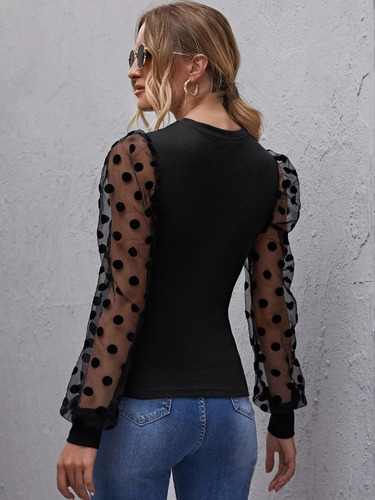 Blusa De Manga Farol Malla Con Lunares Cuello Redondo