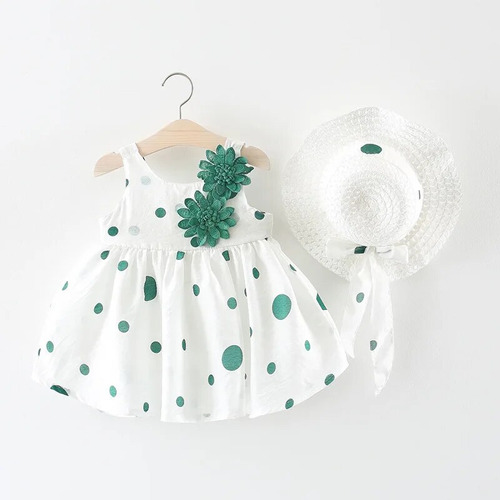 Vestido Para Niña, Sombrero De Paja Con Lazo Y Lunares