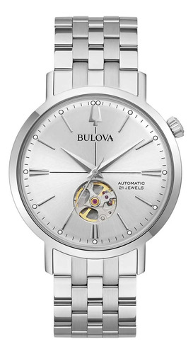 Reloj Bulova Automatico Aerojet Para Hombre 96a276 Correa Plateado Bisel Plateado Fondo Plateado