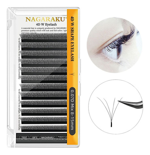 Nagaraku Extensiones De Pestañas 4d W Fibras Tecnológicas Color Negro Espesor 7 Mm Largo 12 Mm Tipo De Curvatura D