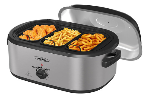 Horno tostador eléctrico Sunvivi de 24 cuartos, 3 compartimentos, control de temperatura de 150 a 450 °F, sartén y rejilla extraíbles, acero inoxidable plateado.