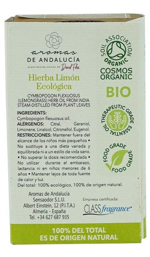 Aceite Esencial Bio Andalucia Aroma A Hierba De Limon 10 Ml