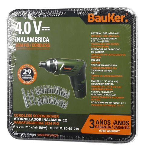 Bauker Atornillador Inalámbrico 4v + 29 Ac.cargador Usb 220v