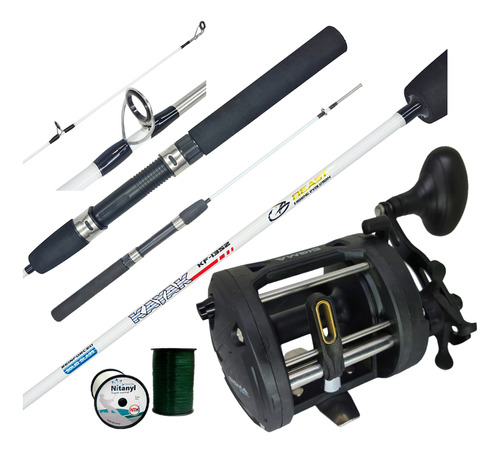 Combo Pesca Kayak Reel Rotativo Grande + Caña 2 Tramos Nylon