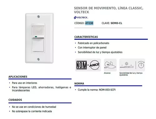 Sensor de movimiento con interruptor de pared, Volteck, Sensores De  Movimiento, 47230