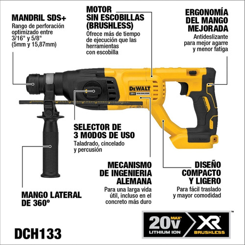 Imagen 4 de 8 de Rotomartillo electroneumático DeWalt BareTools DCH133B inalámbrico amarillo y negro con 20W de potencia 20V