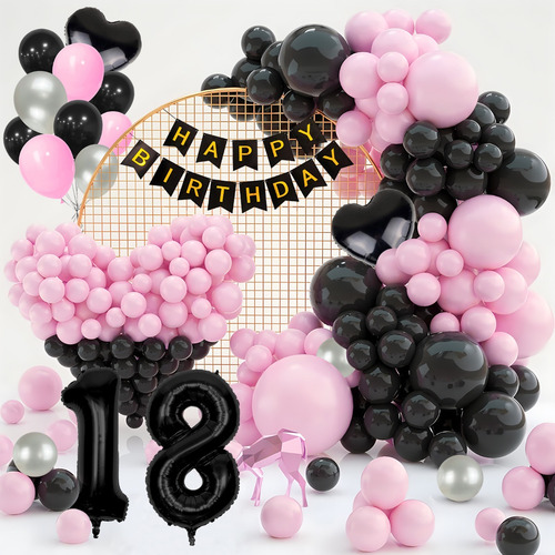 Globos 18 Cumpleaños Negro Y Rosa Decoración Años Mujer