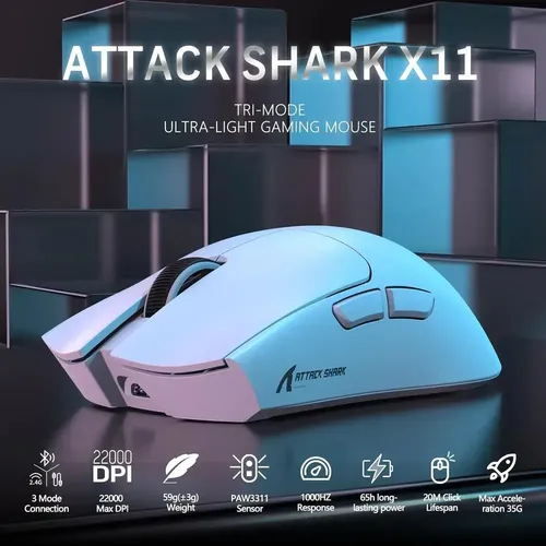 Mouse Gamer Attack Shark X11 22000 Dpi Ultraleve 63g Bluetooth 24ghz Usb C Branco
