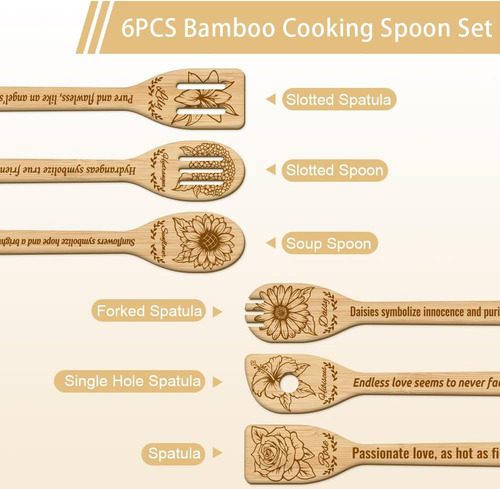 Juego De 6 Cucharas De Bamboo Con Flores Y Espátulas