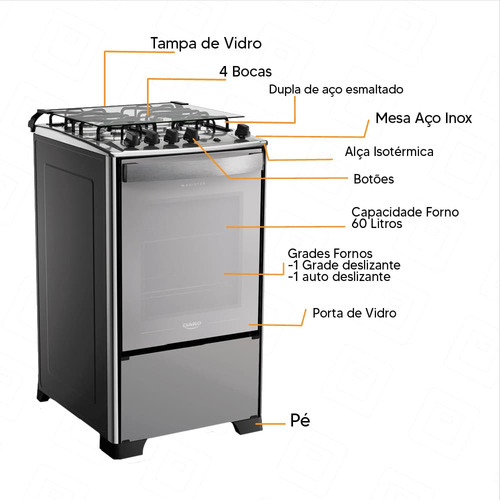 Fogão Dako Magister Inox Style A Gás 4 Boca Mesa Inox-bivolt