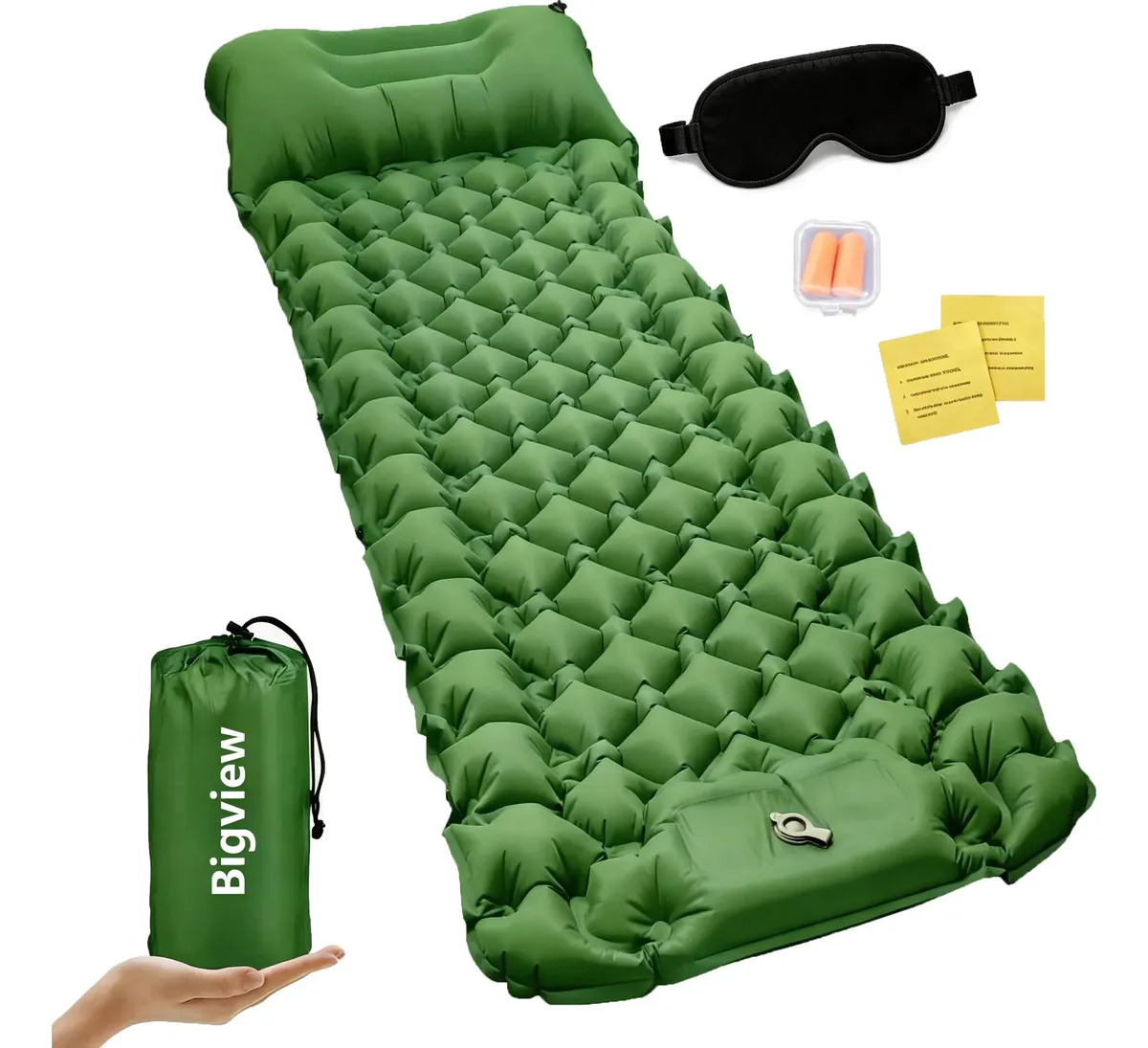 Colchon Inflable Individual Automático Portátil En Color Verde Bigview , Cama Inflable Camping Con Bomba Integrada Colchones Inflables Económicos Incluye Antifaz Opaco Y Tapones Au