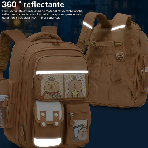 Mochila Capibara Escolar Kawaii Con Accesorios Compartimentos Premium Marrón Claro Tela De Oxford