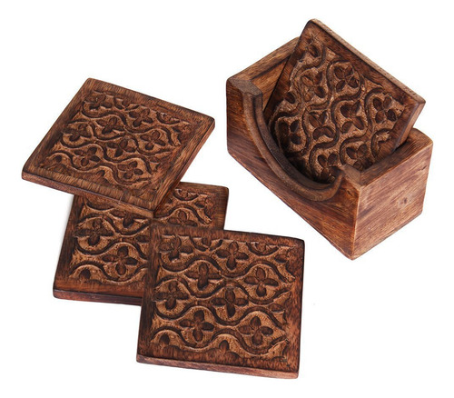 Juego De 4 Posavasos Indya Hechos A Mano De Madera Con Sopor