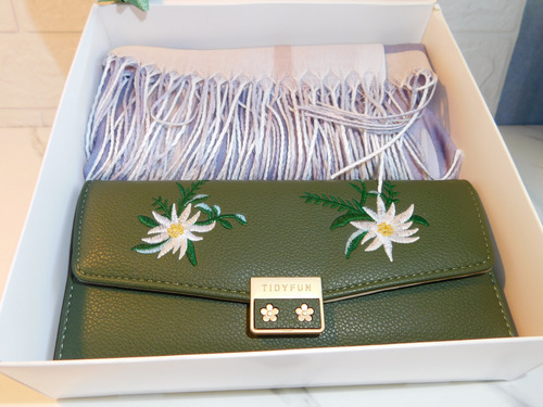Billetera Y Bufanda, Regalo Día De La Madre, Mujer Cumpleaño Verde Oscuro Floreado