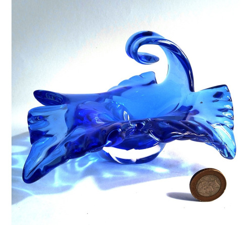 Cenicero Cristal Murano Azul Transparente Forma Hoja Otoñal