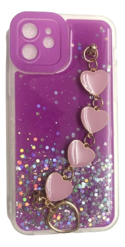 Funda Silicona Para iPhone 12 Con Glitter Y Soporte Cadena