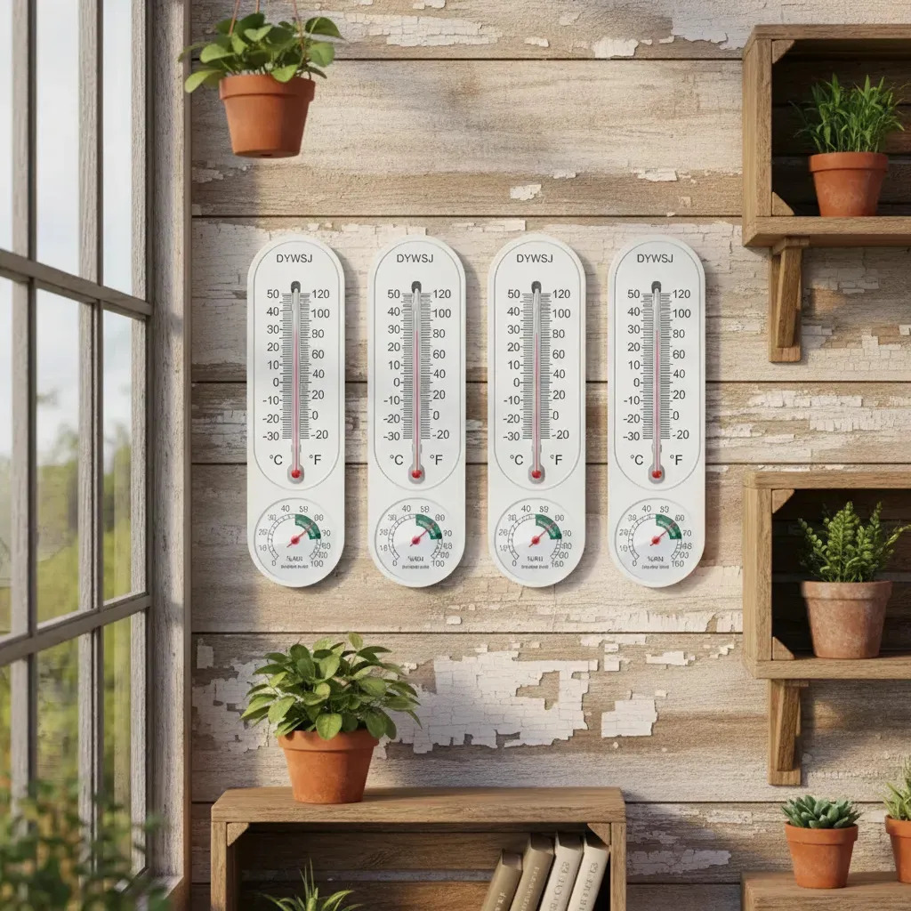 Pack de 4 Termómetros e Higrómetros Analógicos Verticales Aurelor para Pared, con Medición de Temperatura y Humedad en °C y °F