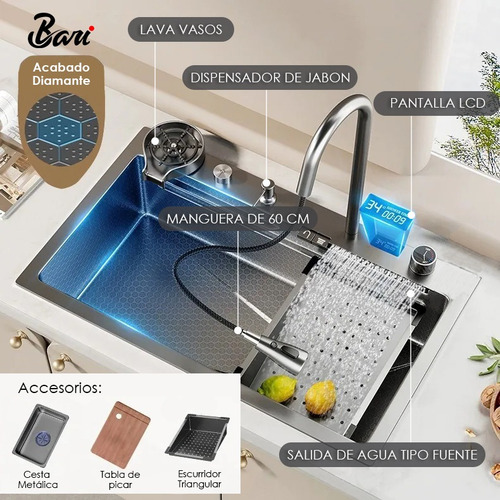 Fregadero Multifuncional Una Tina Acero Inox Negro Diamante