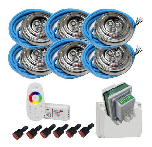 Pack 6 Luz Pileta Rgb 9w / Fuente 6a/control/pasamuros/caja