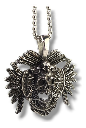 Dije Calavera Azteca Penacho Acero Inoxidable D833 Plateado