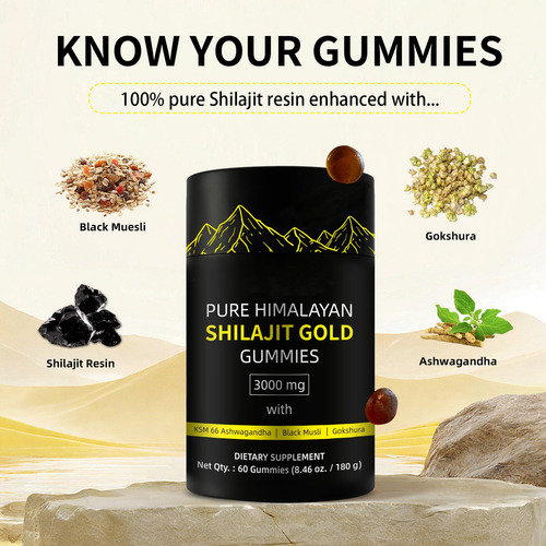 Elfleaf Pure Himalayan Shilajit Gold Apto para Hombres y Mujeres Orgánico Pote con 60 Gomitas Sin sabor